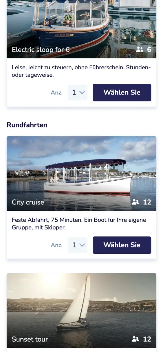 Das Buchungsformular auf einem Handy: ein Elektroboot zum Selbstfahren, darunter in derselben Liste die Rundfahrten City cruise und Sunset tour