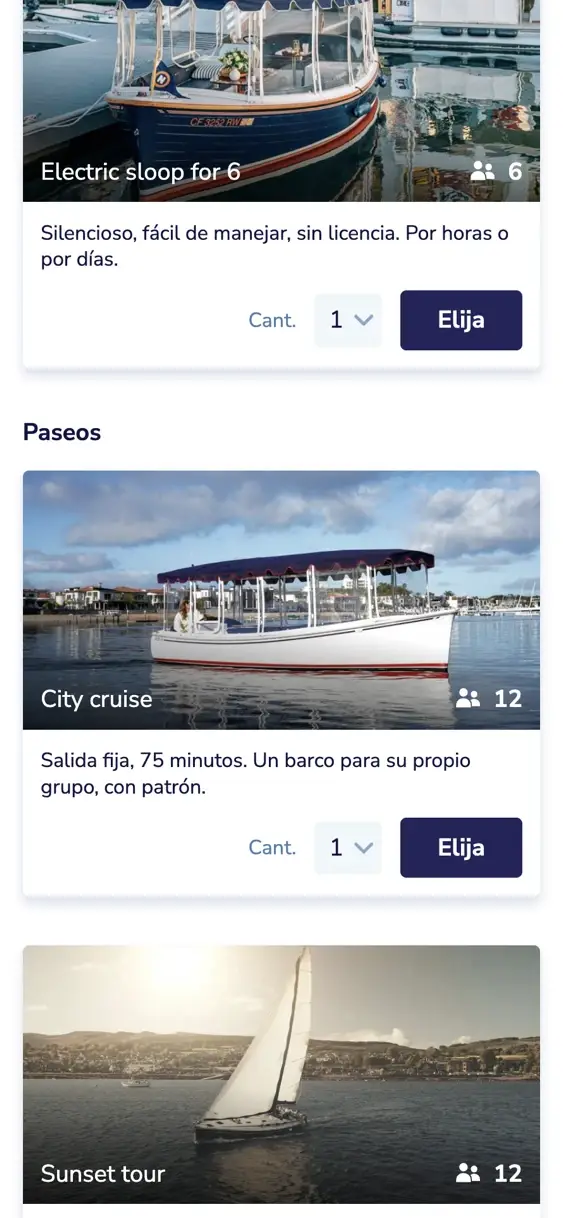 El formulario de reserva en un móvil: un barco eléctrico sin patrón y, en la misma lista, los paseos City cruise y Sunset tour