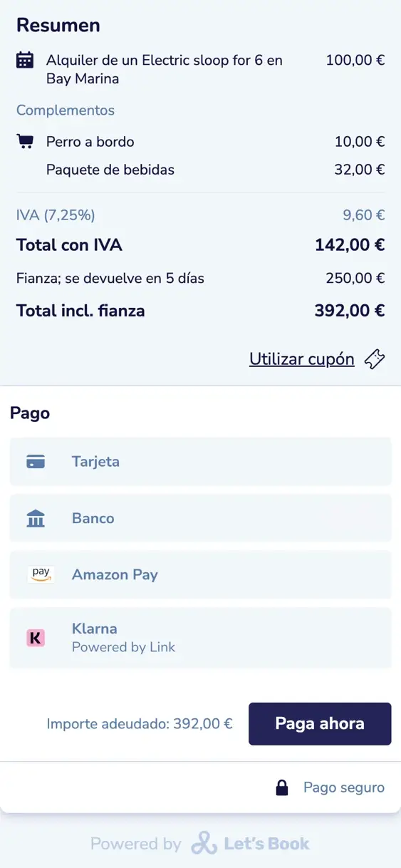 El último paso en un móvil: el resumen con los complementos, el IVA y la fianza, 392 € en total, los métodos de pago y el botón para pagar