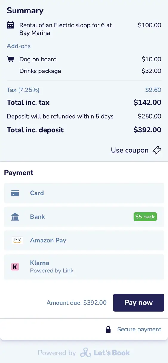 The last step on a phone: the summary with the add-ons, the tax and the security deposit, $392 in total, the payment methods and the button to pay