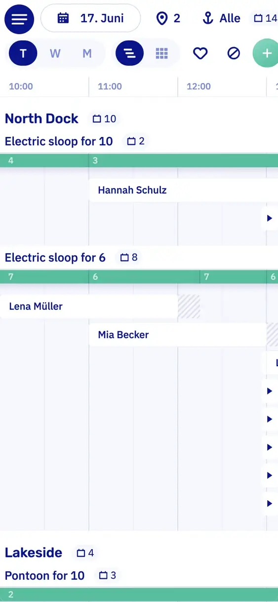 Die Planung von Let's Book für einen Tag auf einem Handy: ein Balken pro Bootsmodell, pro Anlegestelle, mit den Buchungen am Vormittag