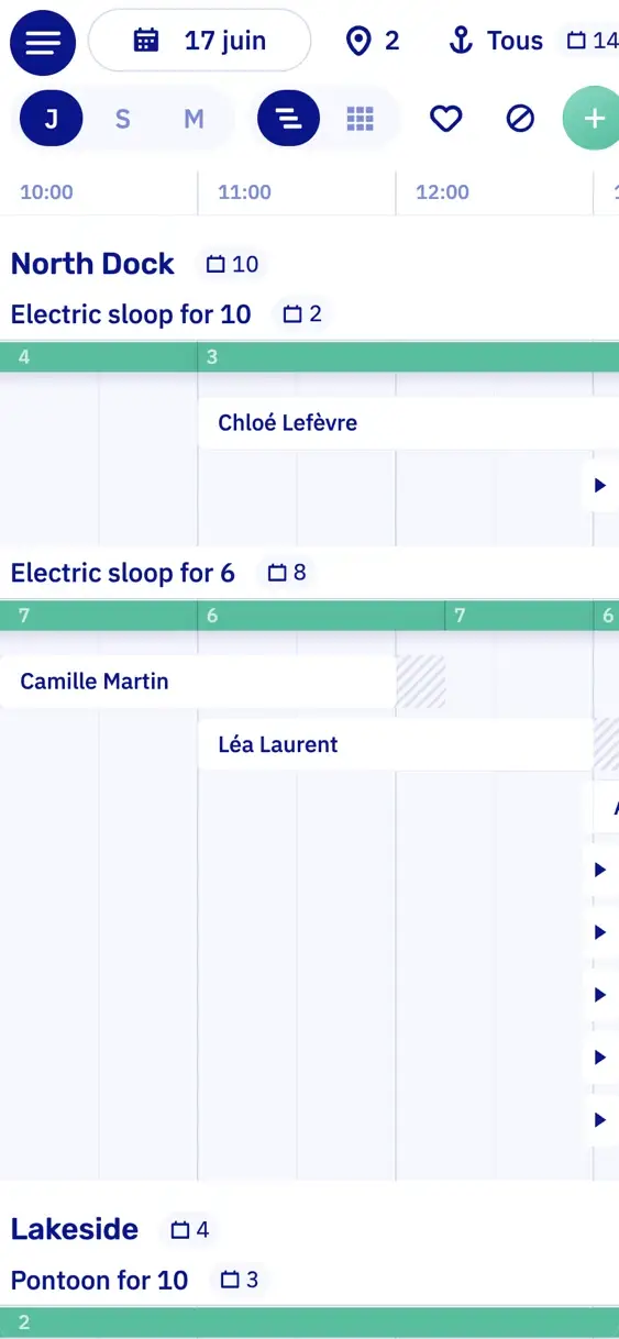 Le planning de Let's Book sur une journée, sur un téléphone : une barre par modèle de bateau, par quai, avec les réservations de la matinée