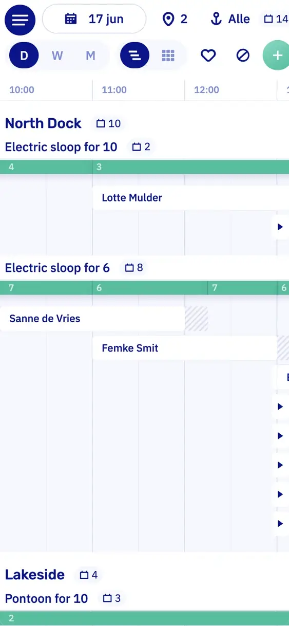 De planning van Let's Book voor één dag op een telefoon: een balk per bootmodel, per steiger, met de boekingen over de ochtend