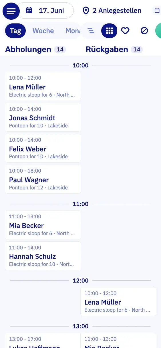 Die Planung von Let's Book auf einem Handy: die Abholungen und Rückgaben des Tages nebeneinander, Stunde für Stunde