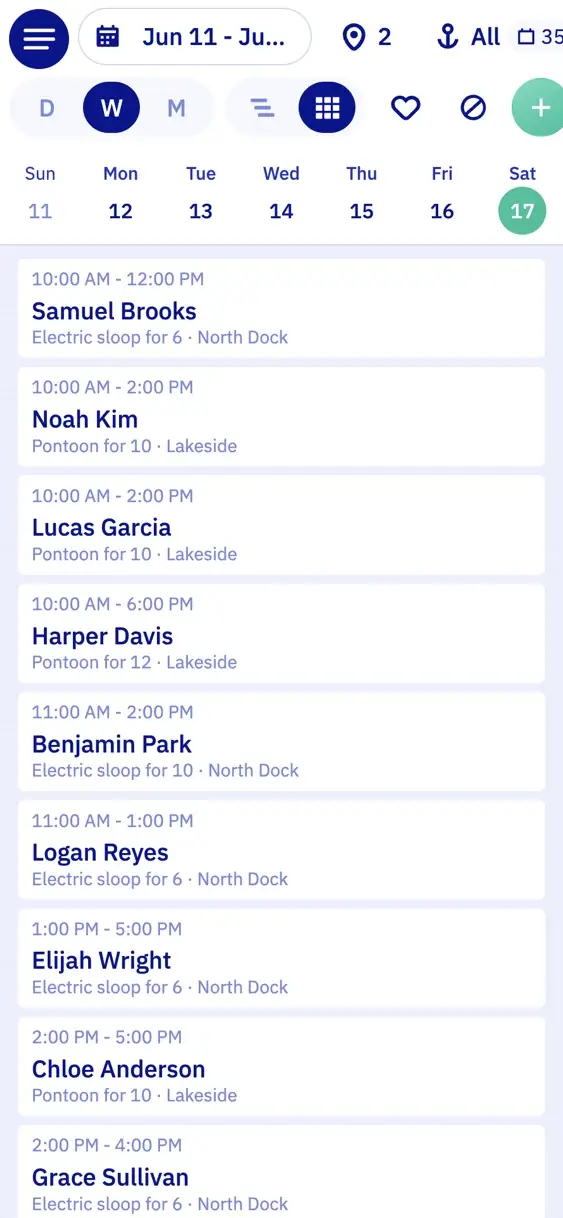 The Let's Book planning for a week on a phone: the seven days in a row, and Saturday's bookings below with time, customer, boat and dock
