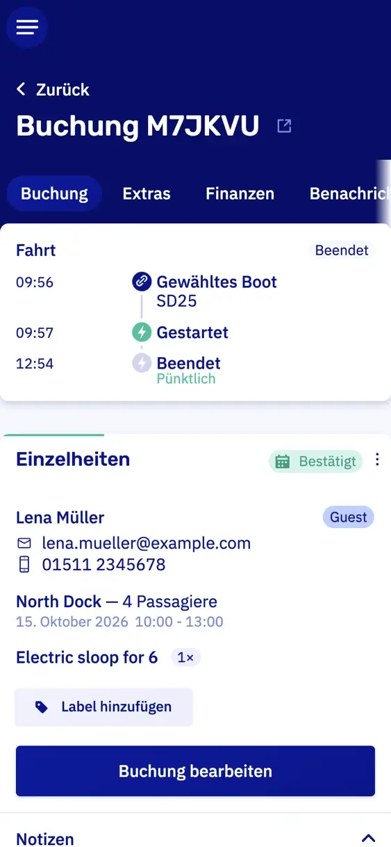 Eine Buchung auf einem Handy mit der Fahrt oben: Boot SD25 um 09:56 gewählt, um 09:57 gestartet und um 12:54 pünktlich beendet