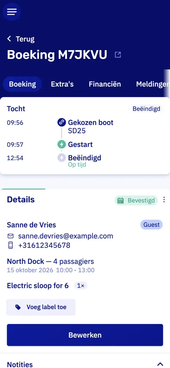 Een boeking op een telefoon met bovenaan de tocht: boot SD25 gekozen om 09:56, gestart om 09:57 en om 12:54 op tijd beëindigd
