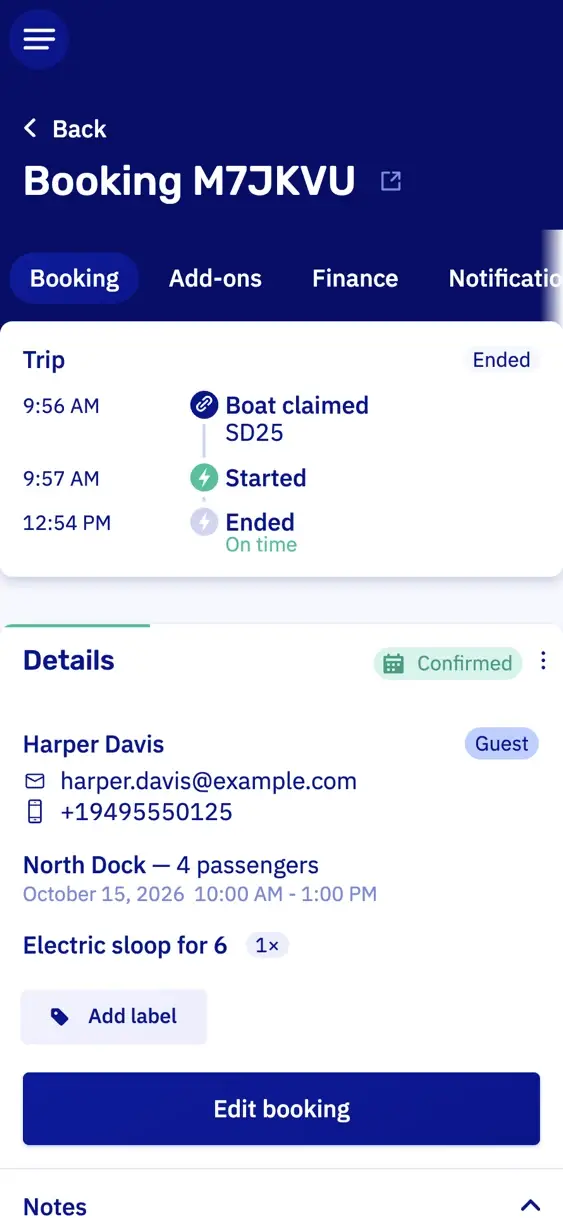 A booking on a phone with its trip at the top: boat SD25 picked at 9:56 a.m., started at 9:57 a.m. and ended at 12:54 p.m., on time