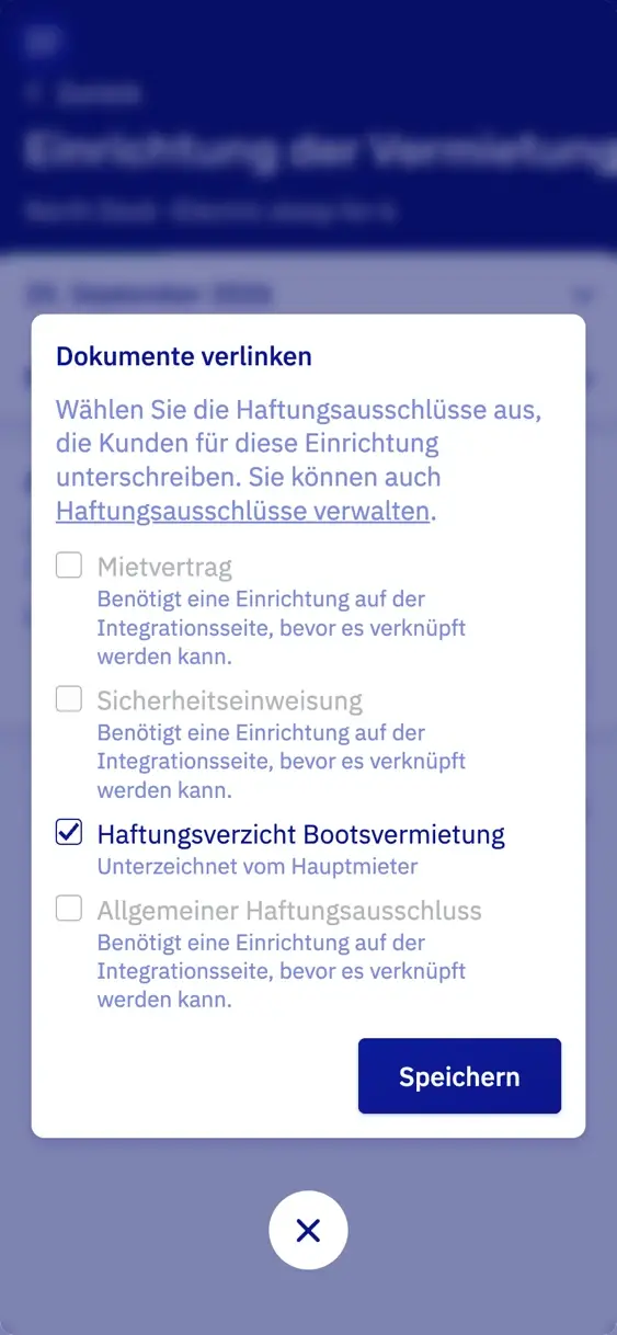 Das Fenster zum Verknüpfen von Dokumenten auf einem Handy, mit Haftungsverzicht Bootsvermietung angehakt: unterschrieben vom Hauptmieter
