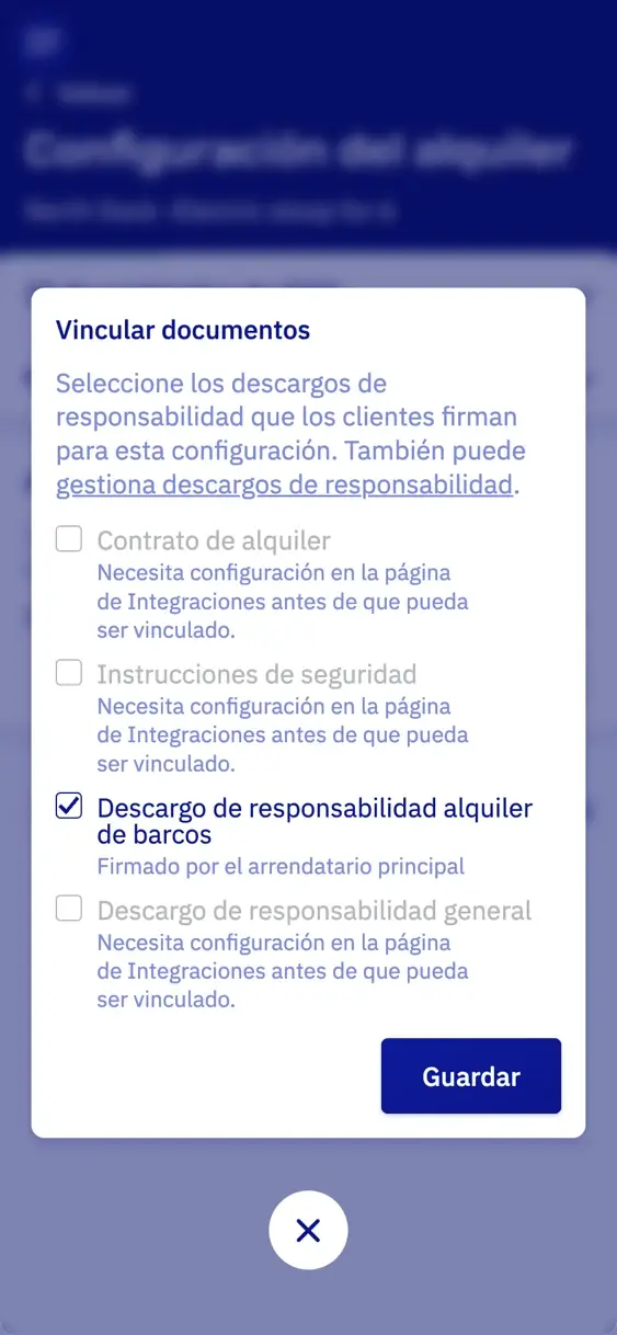 La ventana para vincular documentos en un móvil, con Descargo de responsabilidad alquiler de barcos marcado: firmado por el arrendatario principal