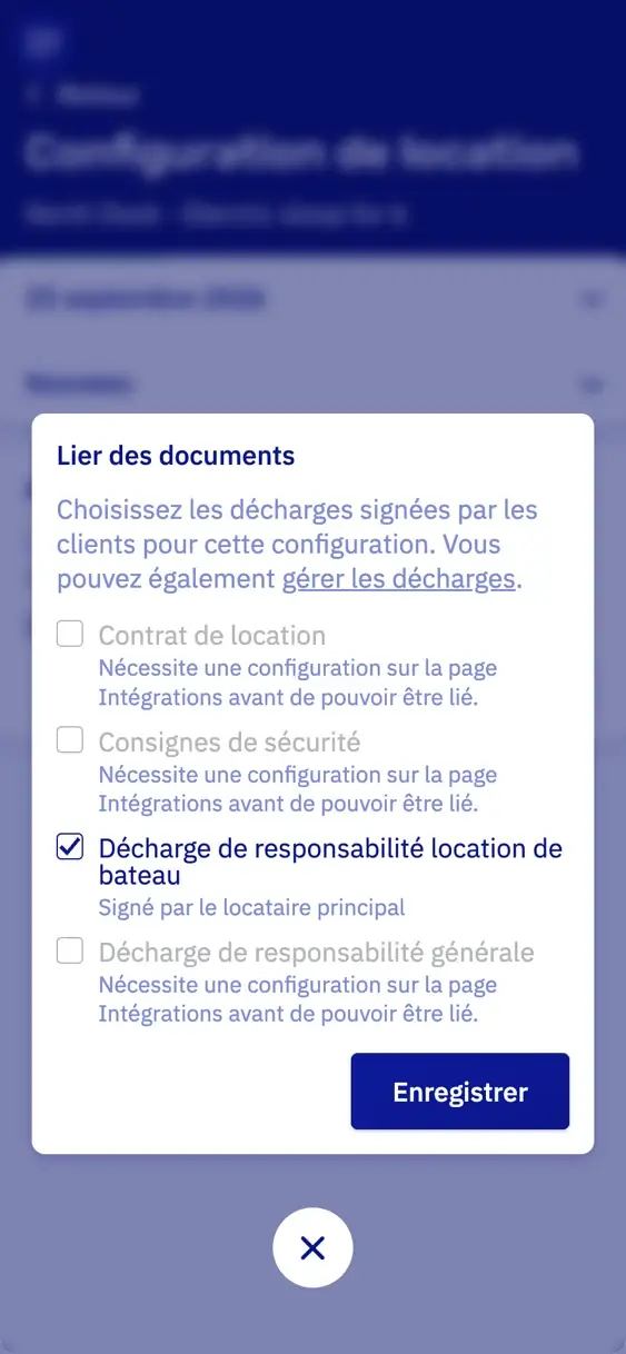 La fenêtre pour lier des documents sur un téléphone, avec Décharge de responsabilité location de bateau cochée : signée par le locataire principal