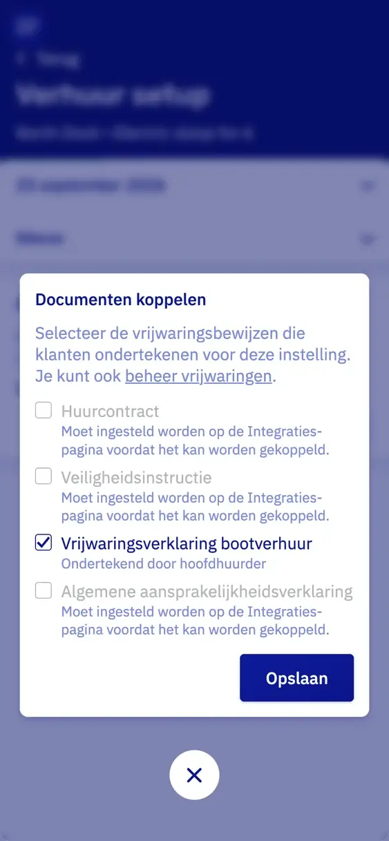 Het venster om documenten te koppelen op een telefoon, met Vrijwaringsverklaring bootverhuur aangevinkt: getekend door de hoofdhuurder