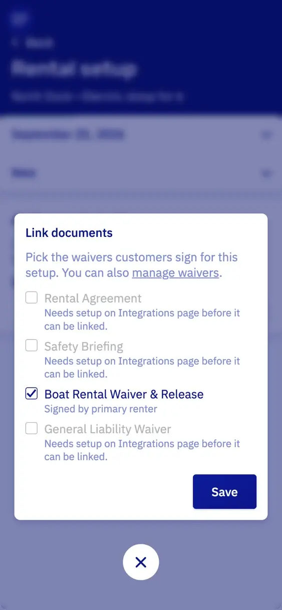 The window to link documents on a phone, with Boat Rental Waiver & Release ticked: signed by the primary renter