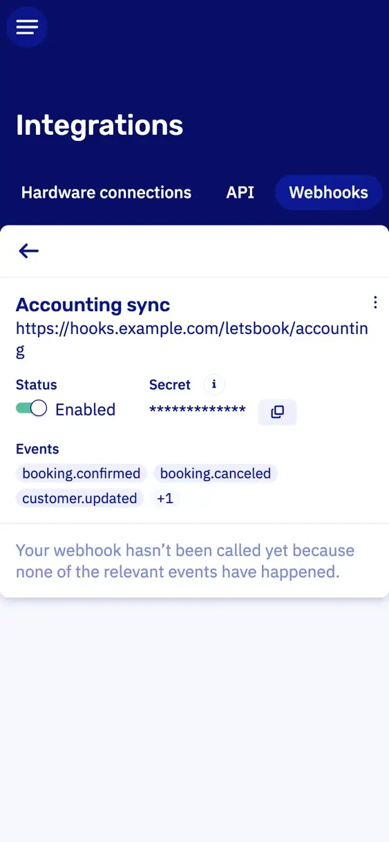 Ein Webhook auf einem Handy: die URL, an die er sendet, aktiviert, und die Events, auf die er wartet
