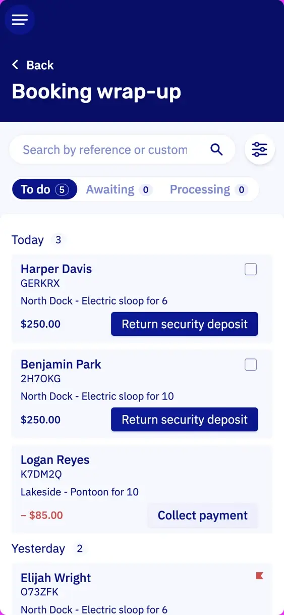The booking wrap-up list on a phone: today's bookings with their security deposit and a button to return it, and one with a balance to collect