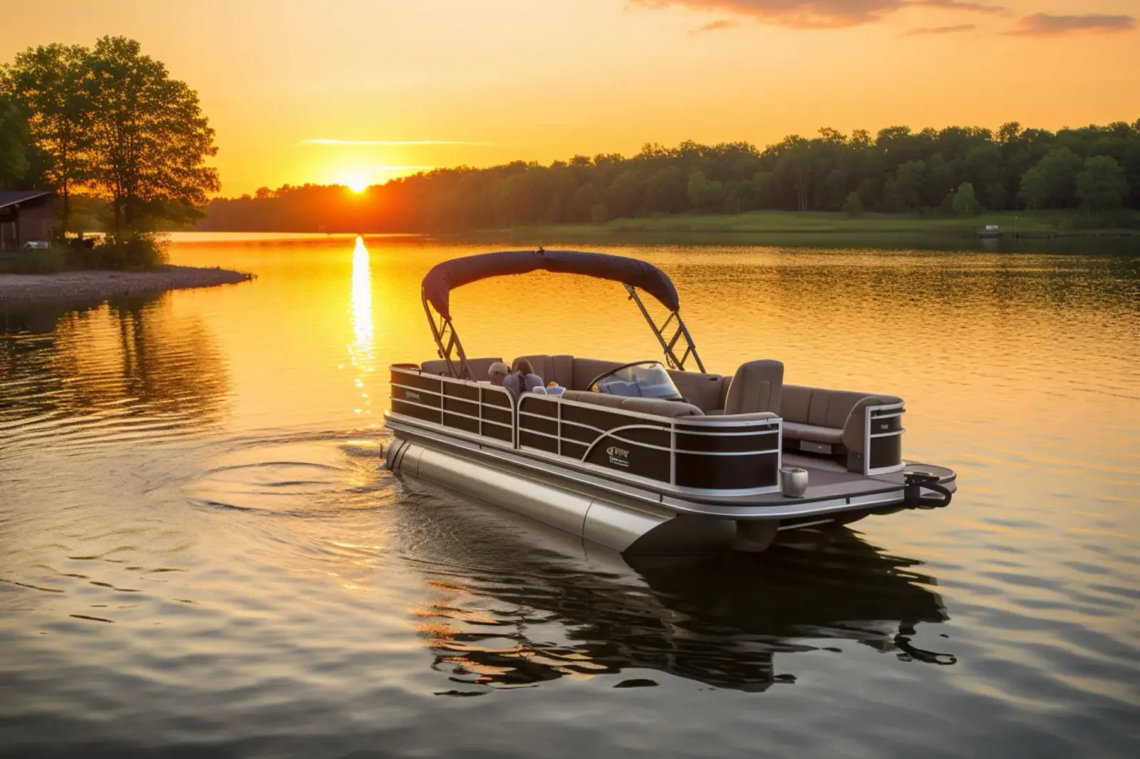 Ein Pontonboot mit Leuten an Bord auf einem ruhigen See bei Sonnenuntergang