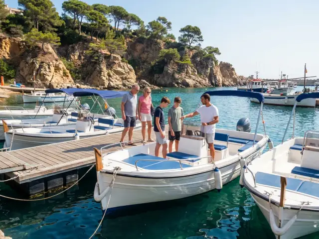 Barcos de alquiler sin licencia en un pontón de una cala del Mediterráneo, una familia subiendo a bordo