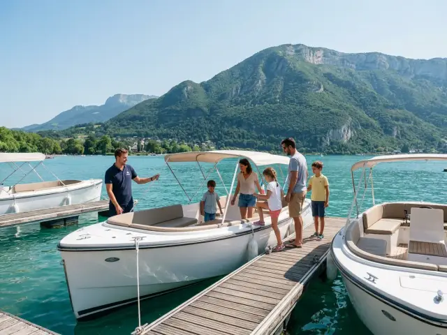 Des bateaux électriques de location à quai sur un lac de montagne aux eaux turquoise, une famille qui monte à bord
