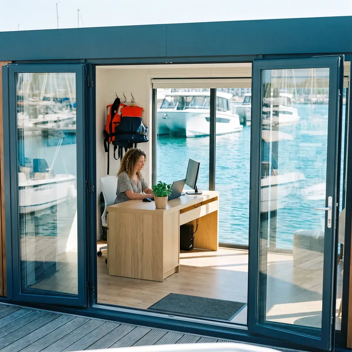 Eine Frau am Schreibtisch in einem kleinen Vermietbüro am Hafen, durch die offenen Glastüren gesehen, Schwimmwesten an der Wand