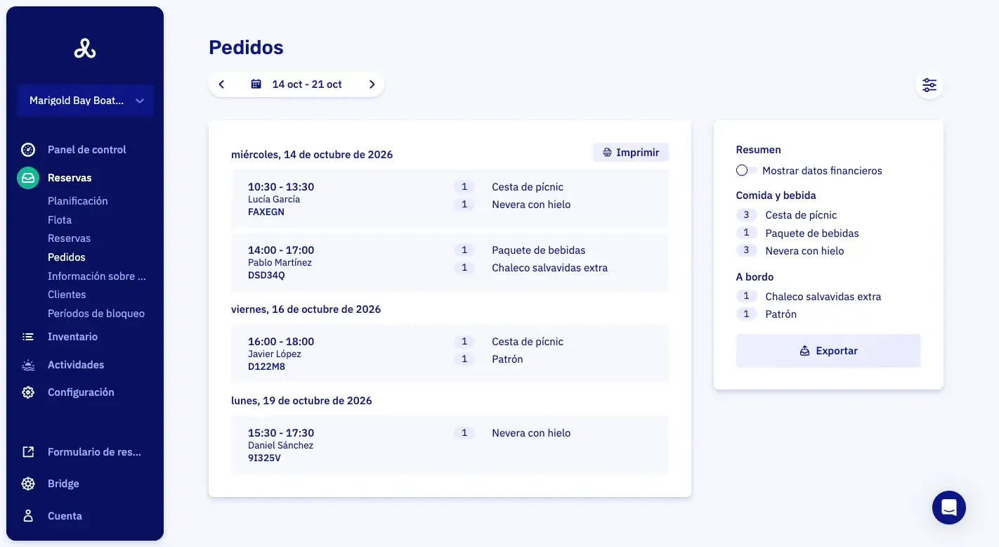 La lista de pedidos de complementos de una semana: hora, cliente y pedido por reserva, un botón Imprimir y lo que va a bordo