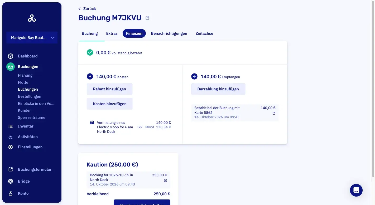 Der Finanzbereich einer Buchung in Let's Book: vollständig bezahlt, die Kosten und was eingegangen ist, und die Kaution mit dem, was noch offen ist