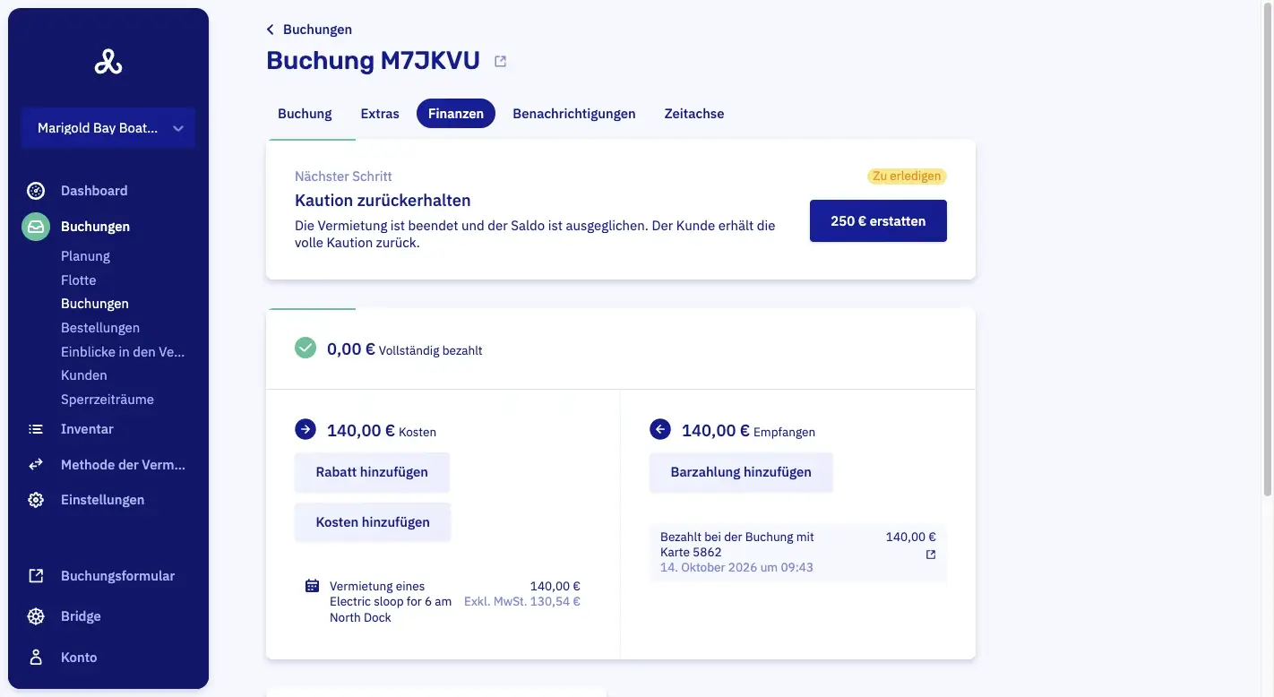 Der Tab Finanzen einer abgeschlossenen Buchung, oben eine Karte mit Nächster Schritt: Kaution zurückerstatten, und ein Button 250,00 € zurückerstatten