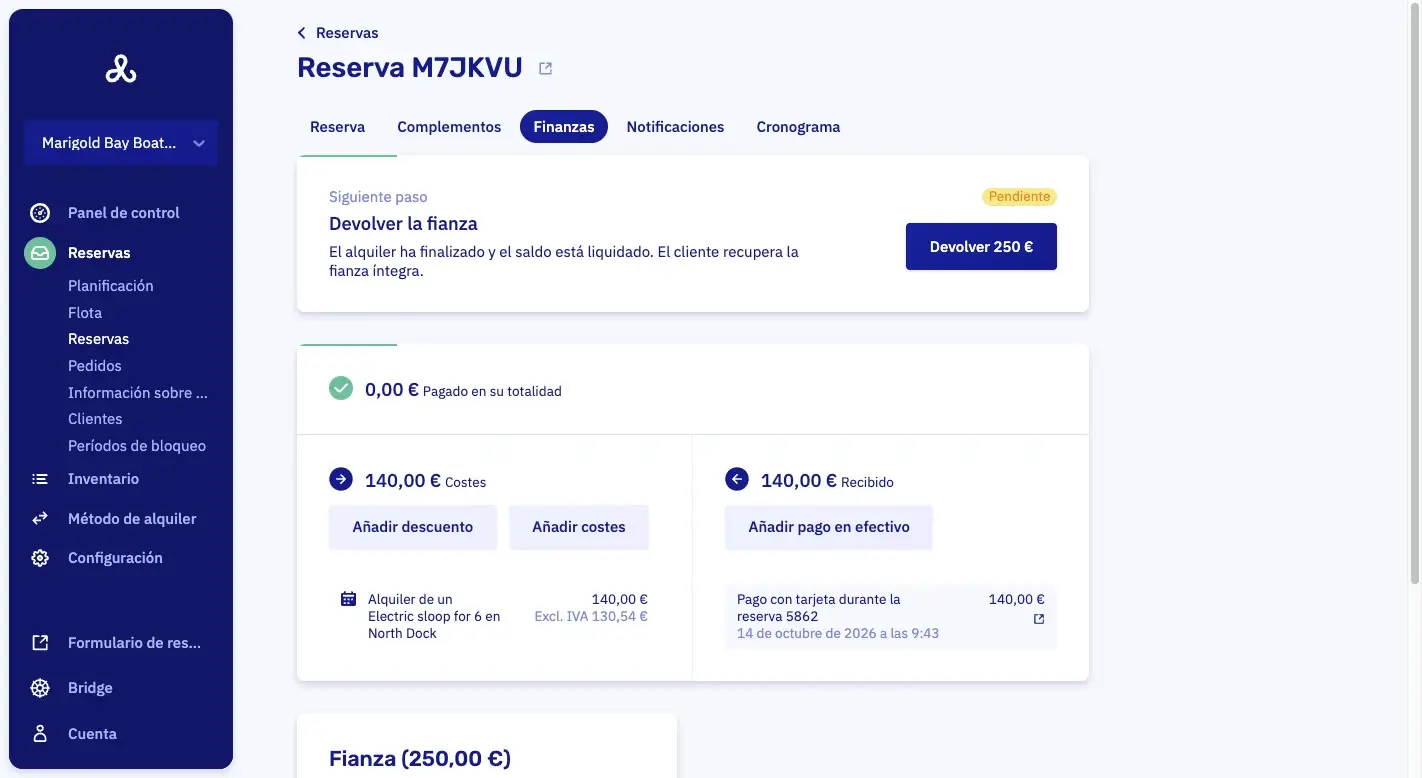La pestaña Finanzas de una reserva terminada, con una tarjeta arriba que dice Siguiente paso: devolver la fianza, y un botón Devolver 250 €
