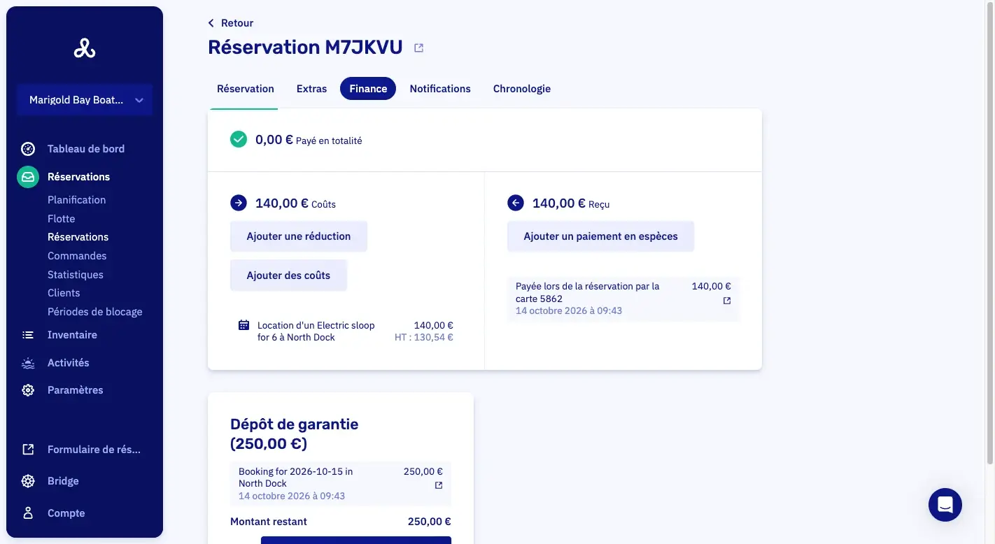 L'onglet financier d'une réservation dans Let's Book : payé en totalité, les coûts et ce qui a été reçu, et le dépôt de garantie avec ce qui reste