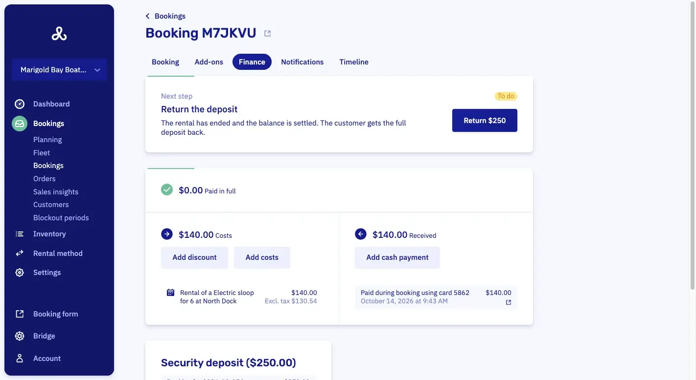 The Finance tab of a finished booking, with a card at the top that says Next step: return the deposit, and a button Return $250