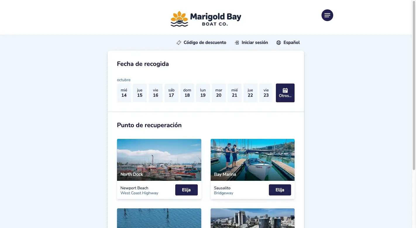 El formulario de reserva como lo ve un cliente en la web de la empresa de alquiler: una fecha que elegir y un muelle desde el que salir