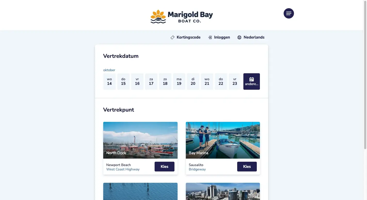 Het boekingsformulier zoals een klant het ziet op de site van de verhuurder: een datum kiezen, en een steiger om van te vertrekken