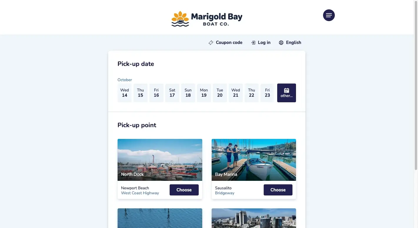 The booking form as a customer sees it on the operator's own site: a date to pick, and a dock to leave from