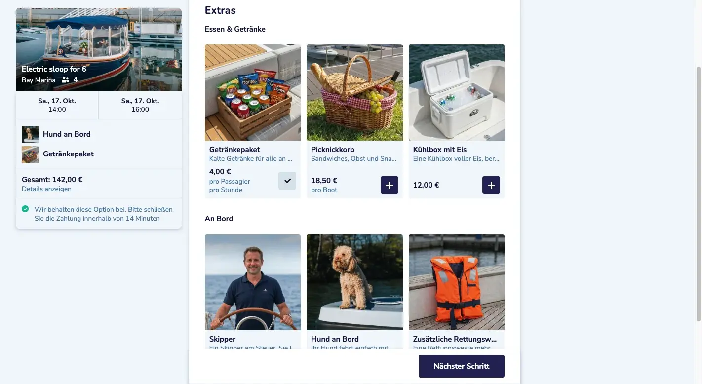 Die Extras im Buchungsformular: ein Getränkepaket und ein Hund an Bord, für vier Personen im Elektroboot, 142 Euro insgesamt