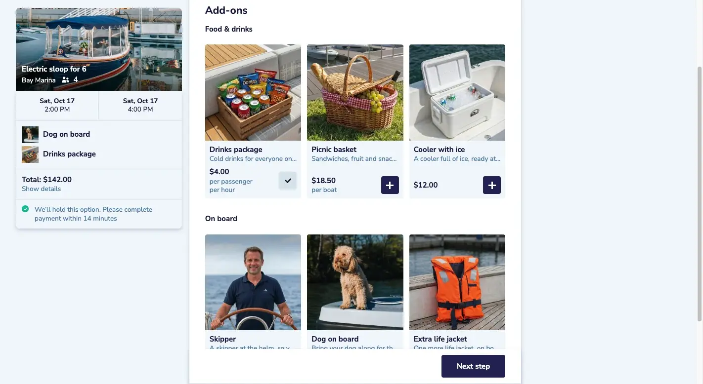 The add-ons step of the booking form: a drinks package and a dog on board, for four people on an electric sloop, $142 in total