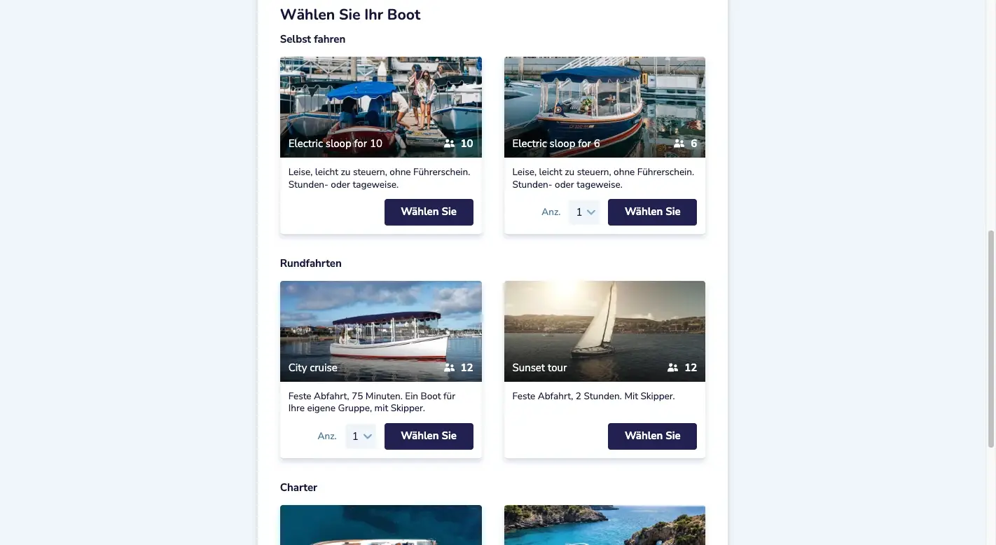 Das Buchungsformular: Boote zum Selbstfahren, Rundfahrten und Charter in einer Liste, je mit Foto, Personenzahl und Auswahl-Button