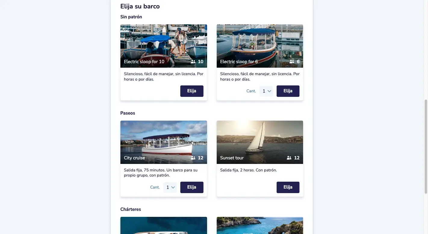 El formulario de reserva: barcos sin patrón, paseos y chárteres en una lista, cada uno con foto, pasajeros y un botón Elija