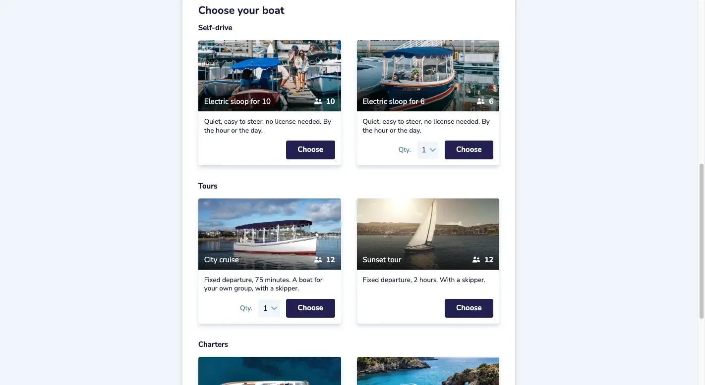 The booking form: self-drive boats, tours and charters in one list, each with a photo, passenger count and a Choose button