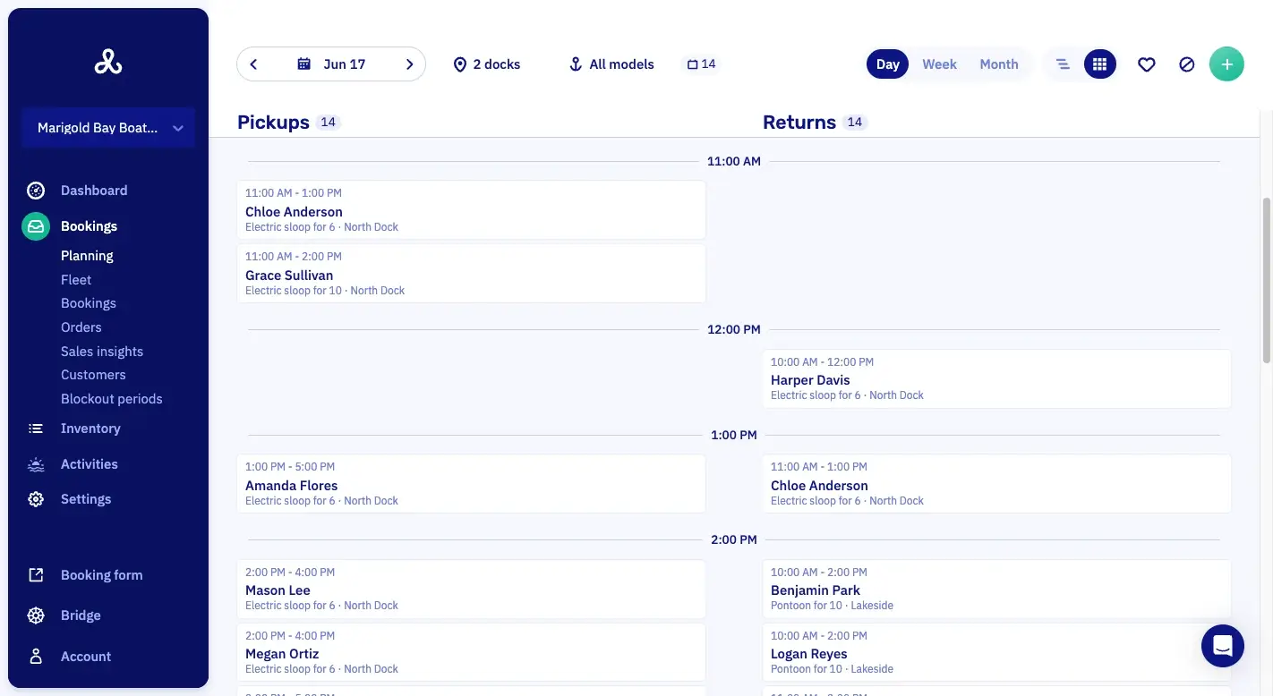 The Let's Book planning as a one-day calendar: pickups left, returns right, per hour, each with customer, boat model and dock