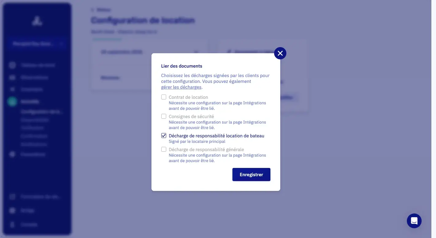 Lier des documents dans Let's Book : la décharge de responsabilité location de bateau cochée, à signer par le locataire principal