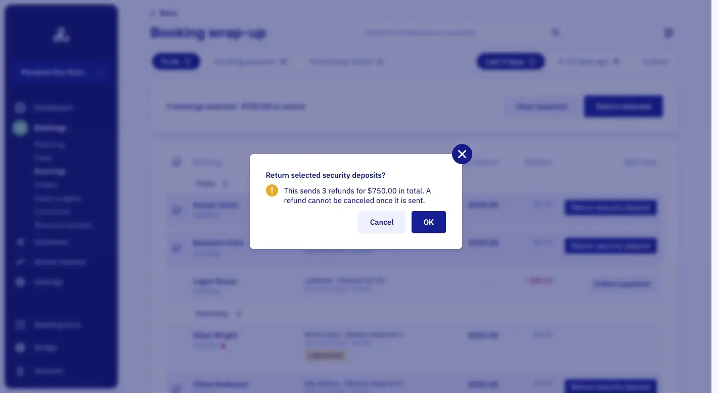 A confirmation window over the list: Return selected security deposits? This sends 3 refunds for $750.00 in total