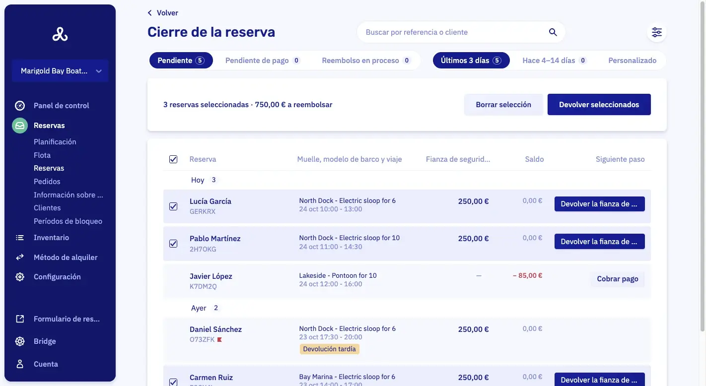La misma lista con tres reservas marcadas y una barra que dice 3 reservas seleccionadas, 750,00 € a reembolsar, con un botón Devolver seleccionados