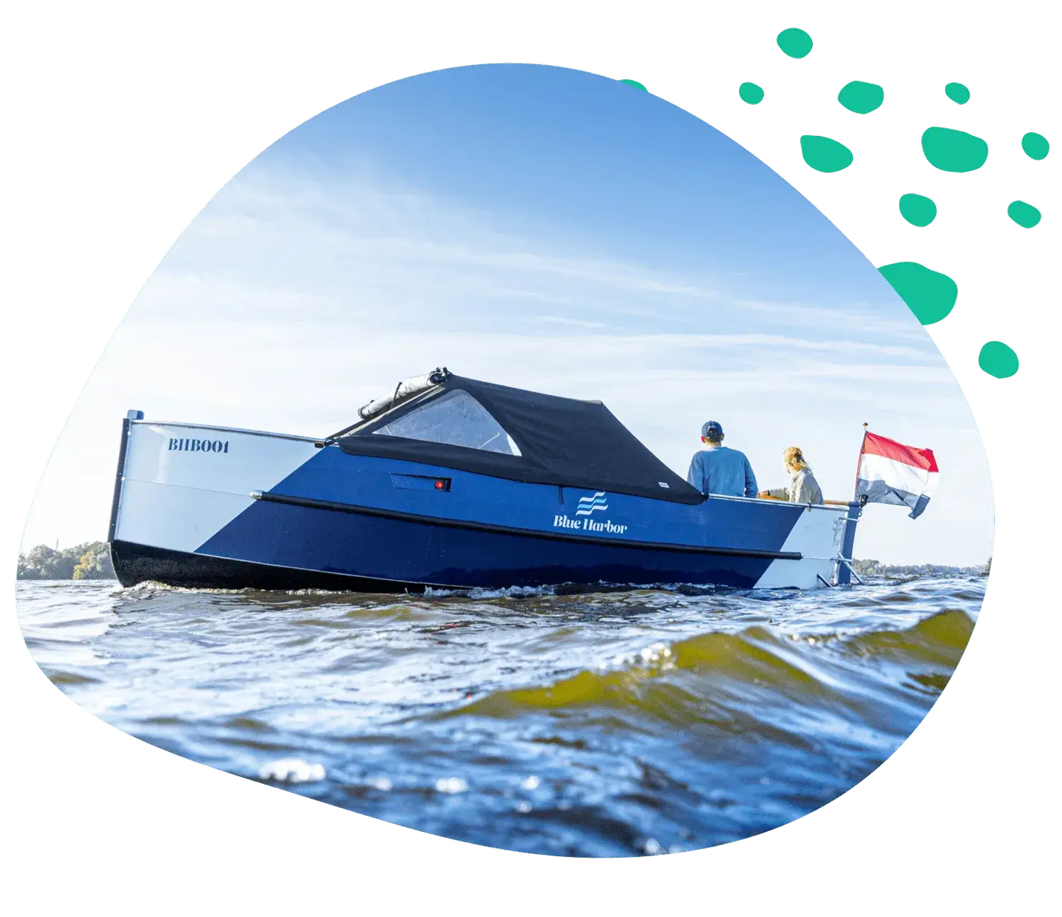 A dark blue electric boat on open water