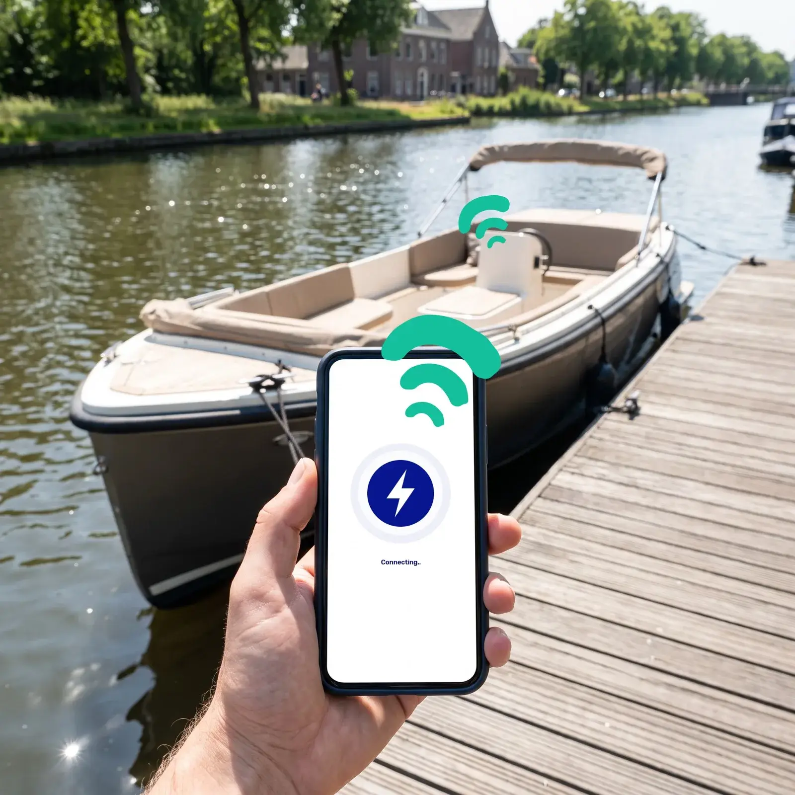 A hand holds a phone with the Let's Book start screen in front of a boat at the dock, green arcs showing the connection