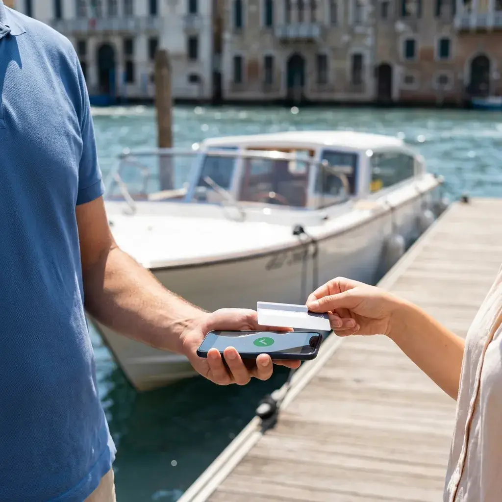 A customer taps a bank card against a dock attendant's phone on a sunny pontoon, a white motorboat moored behind