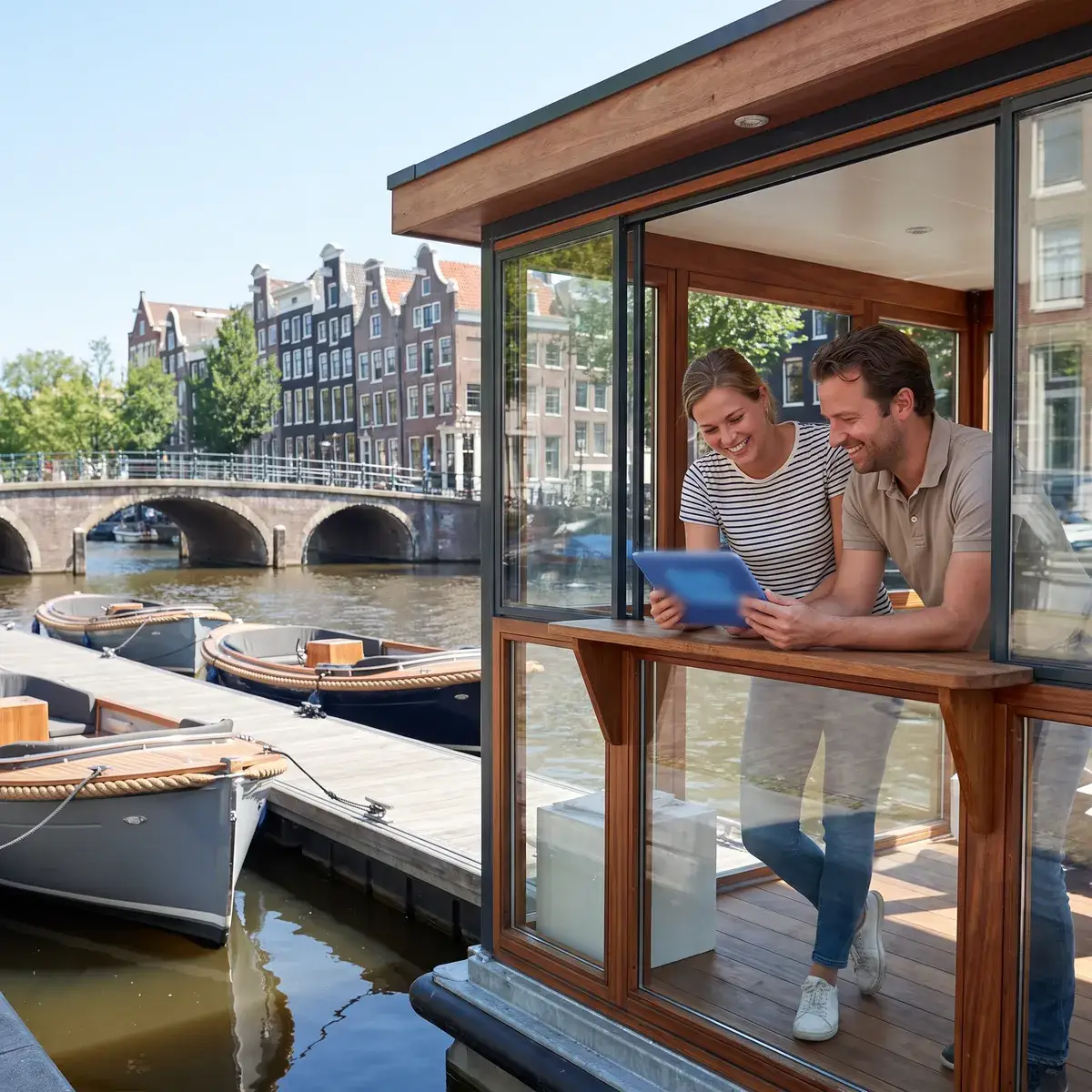 Two colleagues at a modern rental kiosk on a canal pontoon, looking at a tablet together