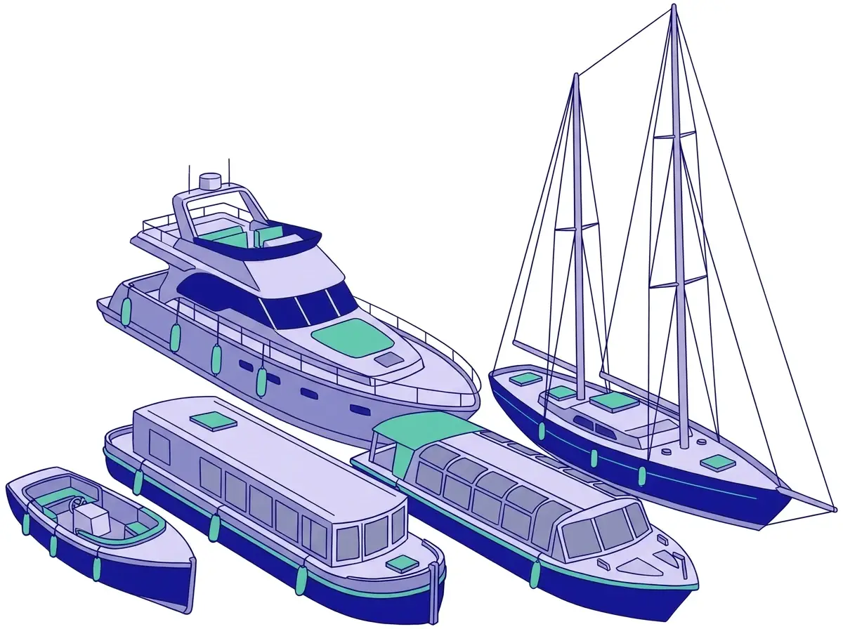 Eine Zeichnung von fünf Booten: ein kleines offenes Boot, ein Kajütboot, ein Rundfahrtboot, eine Charteryacht und eine Segelyacht