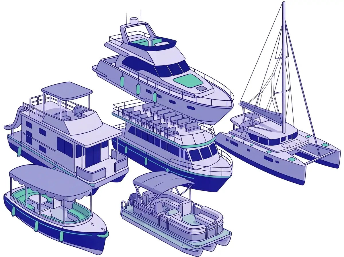 A drawing of six boats: an electric boat, a pontoon boat, a houseboat, a sightseeing boat, a motor yacht and a sailing catamaran