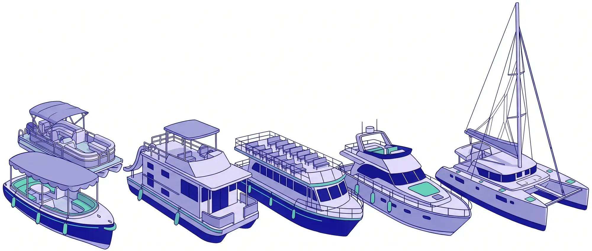 A drawing of six boats: an electric boat, a pontoon boat, a houseboat, a sightseeing boat, a motor yacht and a sailing catamaran