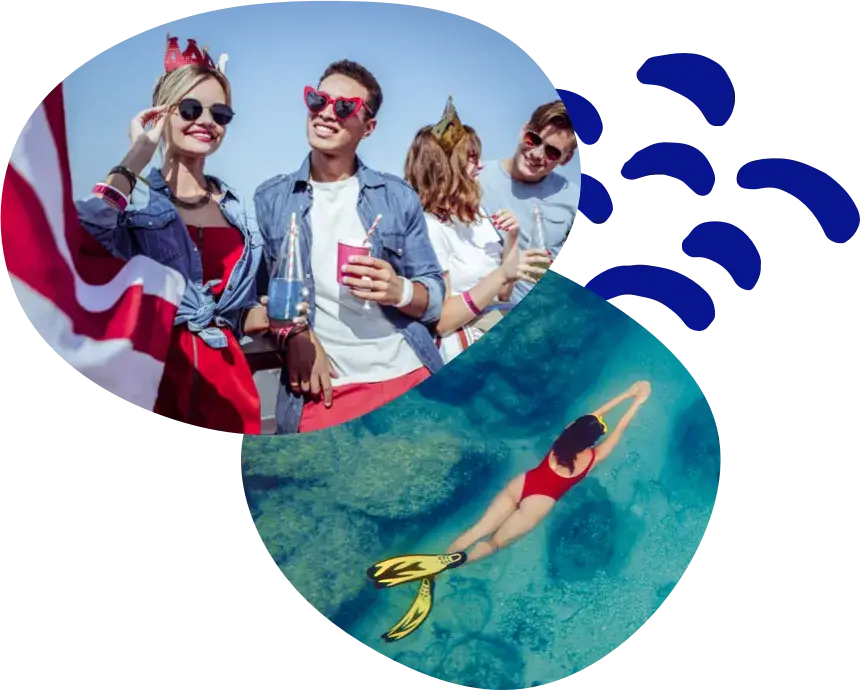 A group of friends with drinks on board, and a swimmer in the water below