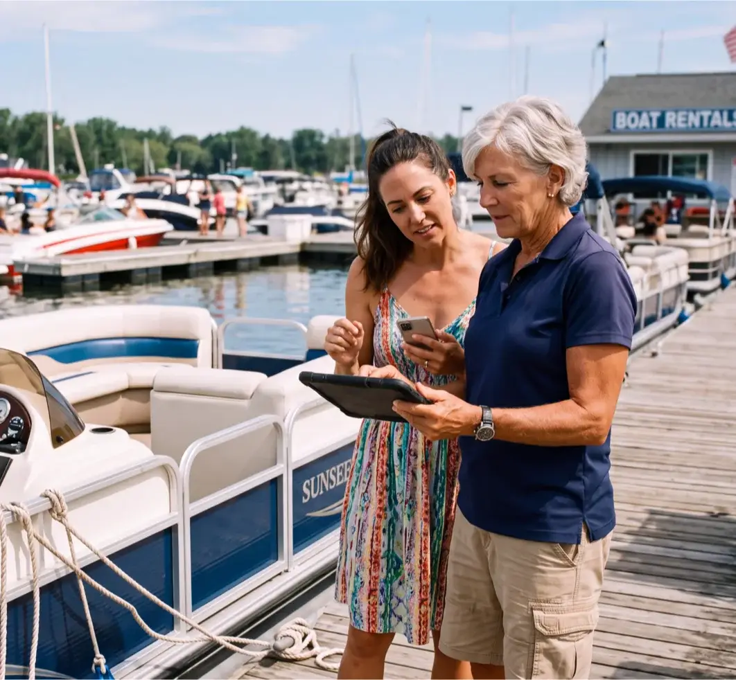 Une femme en robe d'été tend son téléphone pendant qu'une employée vérifie sur une tablette, sur un quai à côté d'un bateau ponton